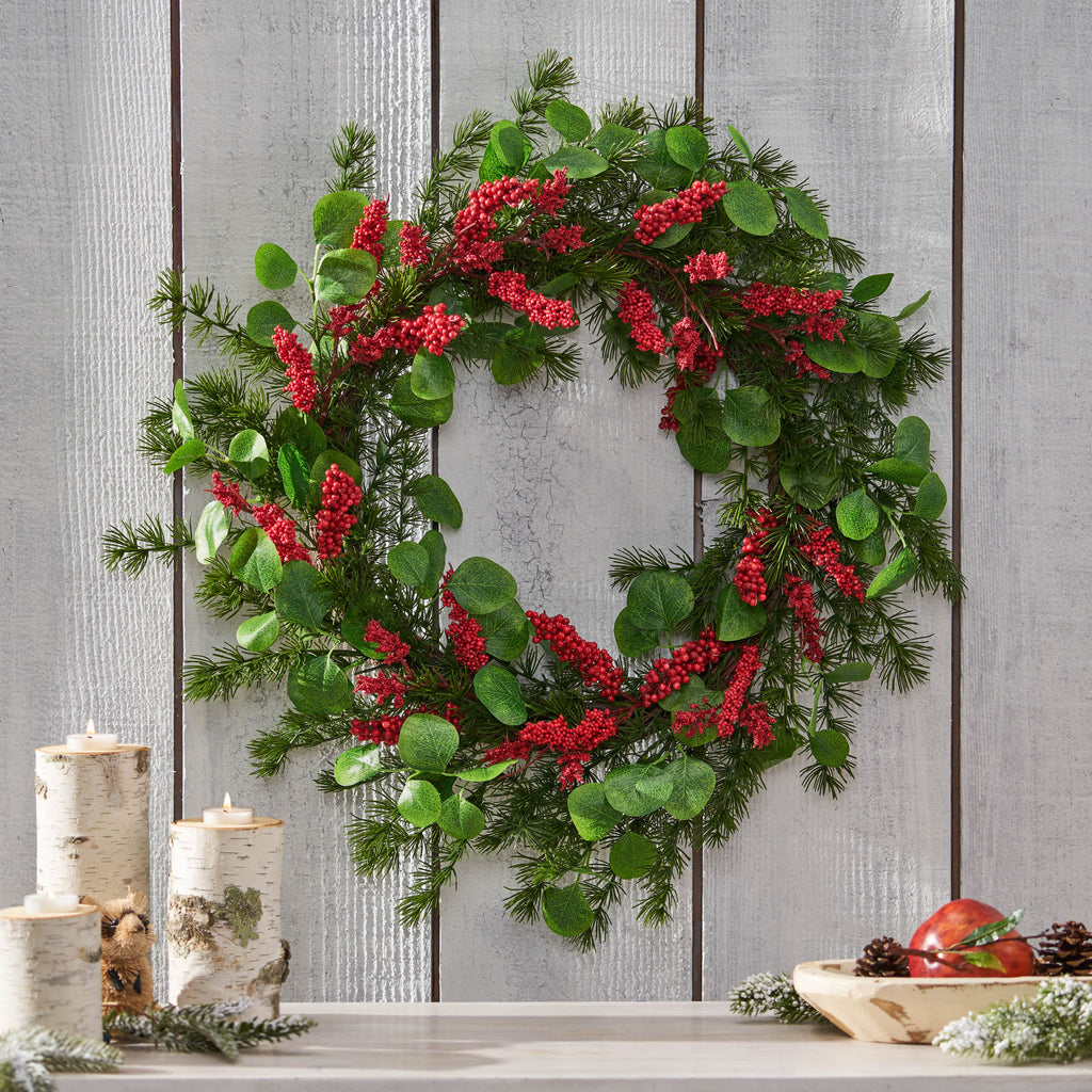 25" Autumn Harvest Door Wreath — Dried Leaves & Berry Seasonal Decor
