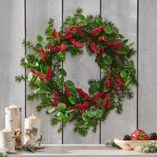 25" Autumn Harvest Door Wreath — Dried Leaves & Berry Seasonal Decor