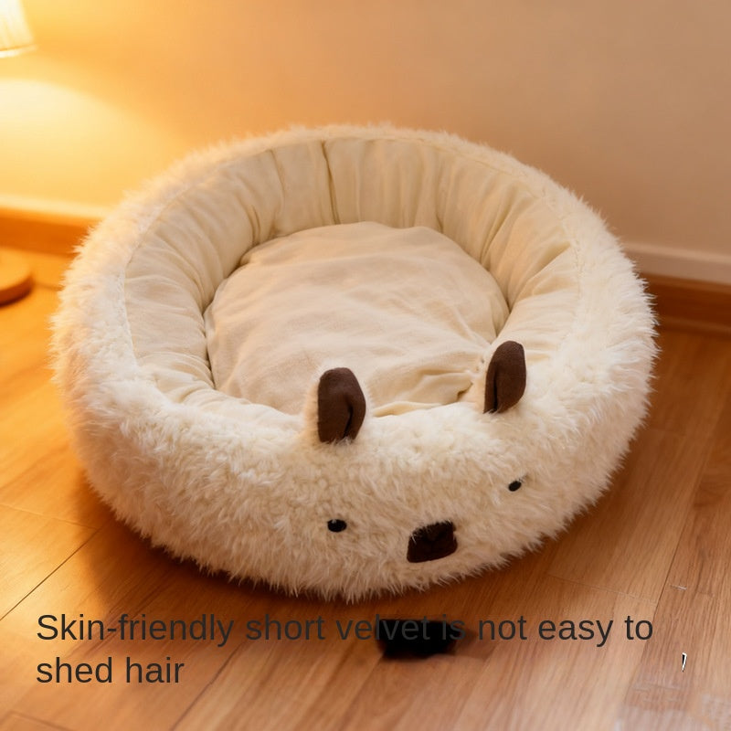 Cosy Alpaca Nest Pet Bed – Half-Enclosed Flannel Dog Bed for Winter Warmth