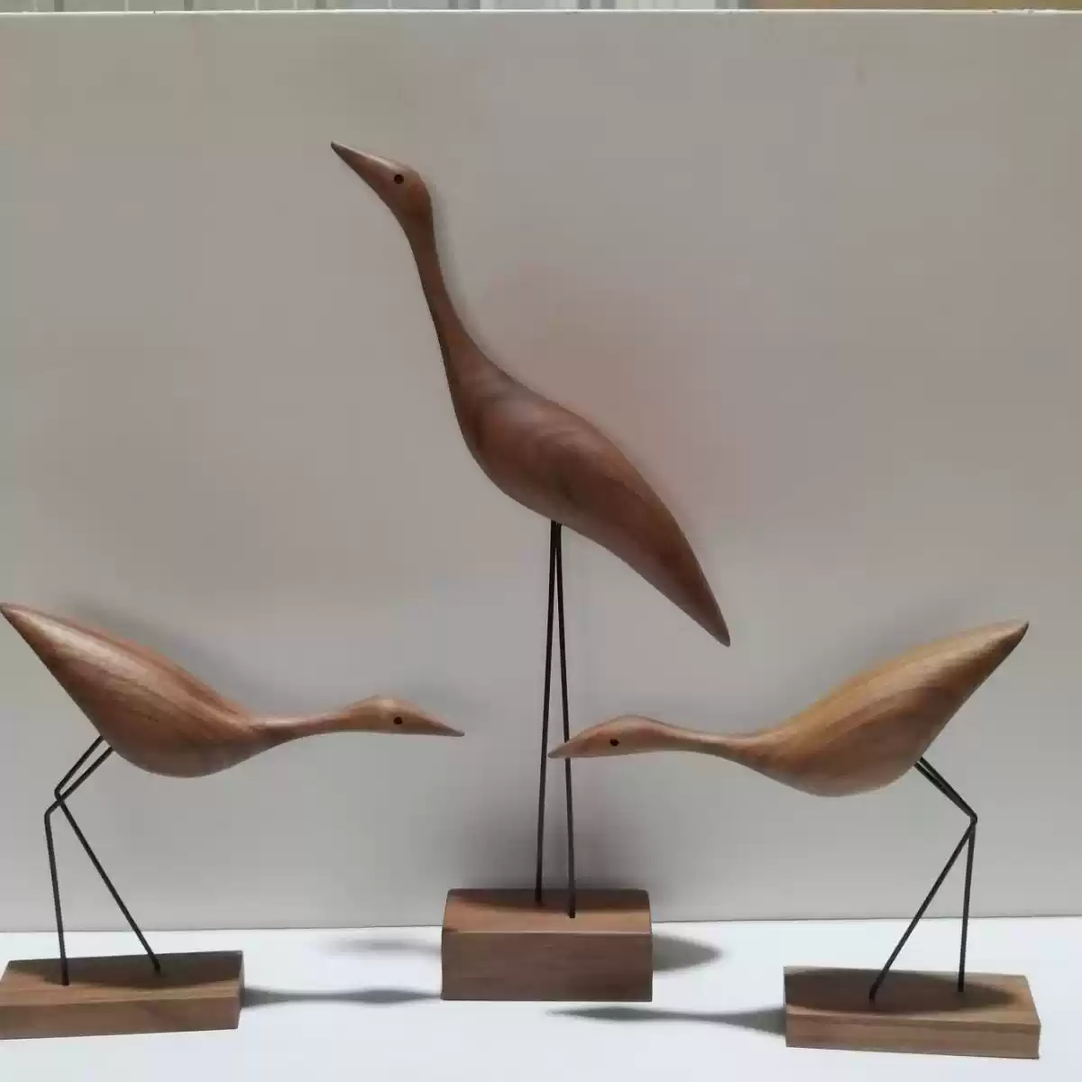 Handcrafted Walnut Crane Sculpture — Minimalist Wood Carving Home Decor