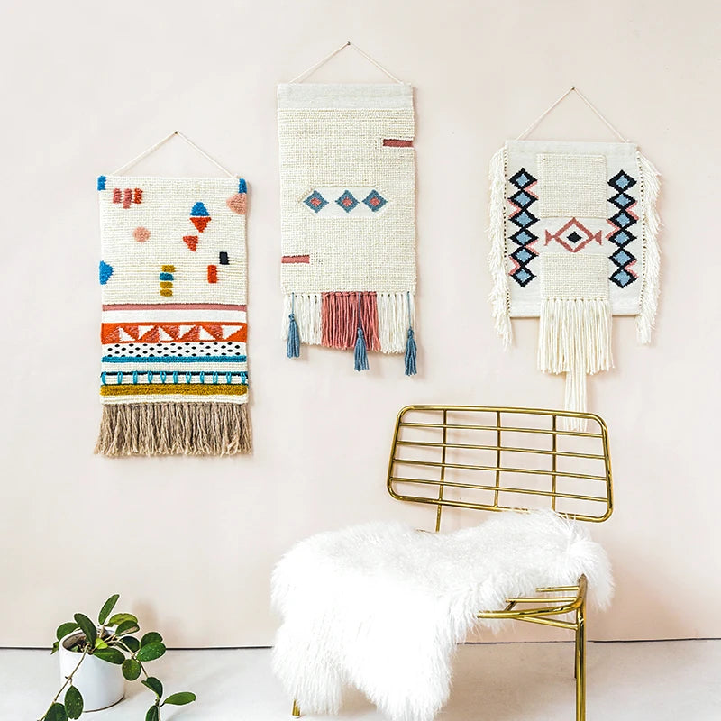 Hand-Woven Tufted Macramé Wall Tapestry — Boho Tassel Art