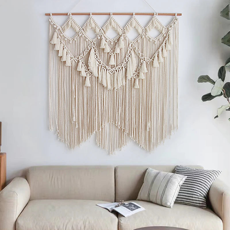 Hand-Woven Bohemian Macramé Wall Tapestry — Tufted Tassel Art