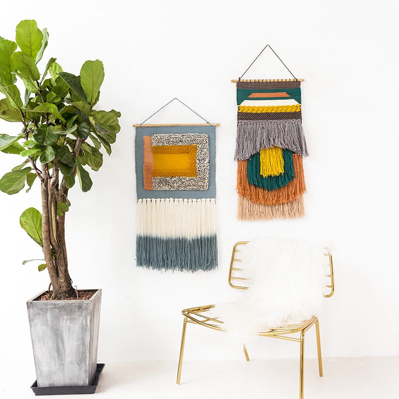 Hand-Woven Tufted Macramé Wall Tapestry — Boho Tassel Art
