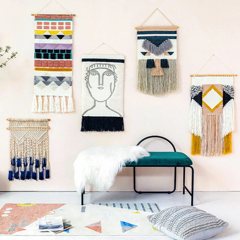 Hand-Woven Tufted Macramé Wall Tapestry — Boho Tassel Art