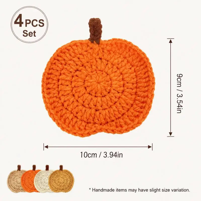 Crochet Pumpkin Coasters – 4Pcs Halloween Fall Table Decor Knit Cup Mats