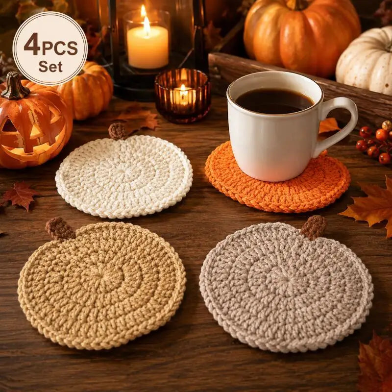 Crochet Pumpkin Coasters – 4Pcs Halloween Fall Table Decor Knit Cup Mats