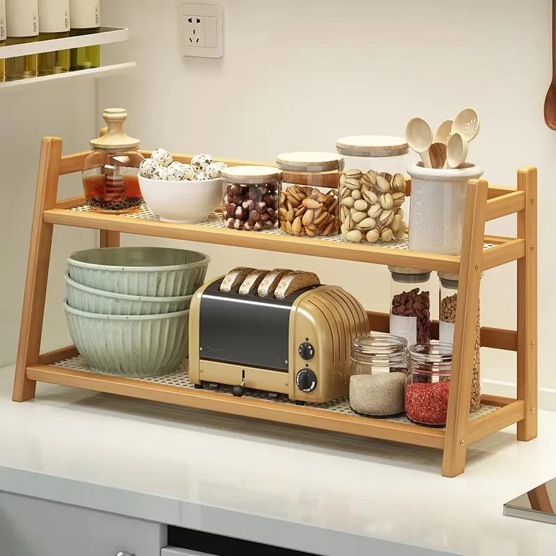 2-Layer Bamboo Spice Caddy & Kitchen Storage Shelf