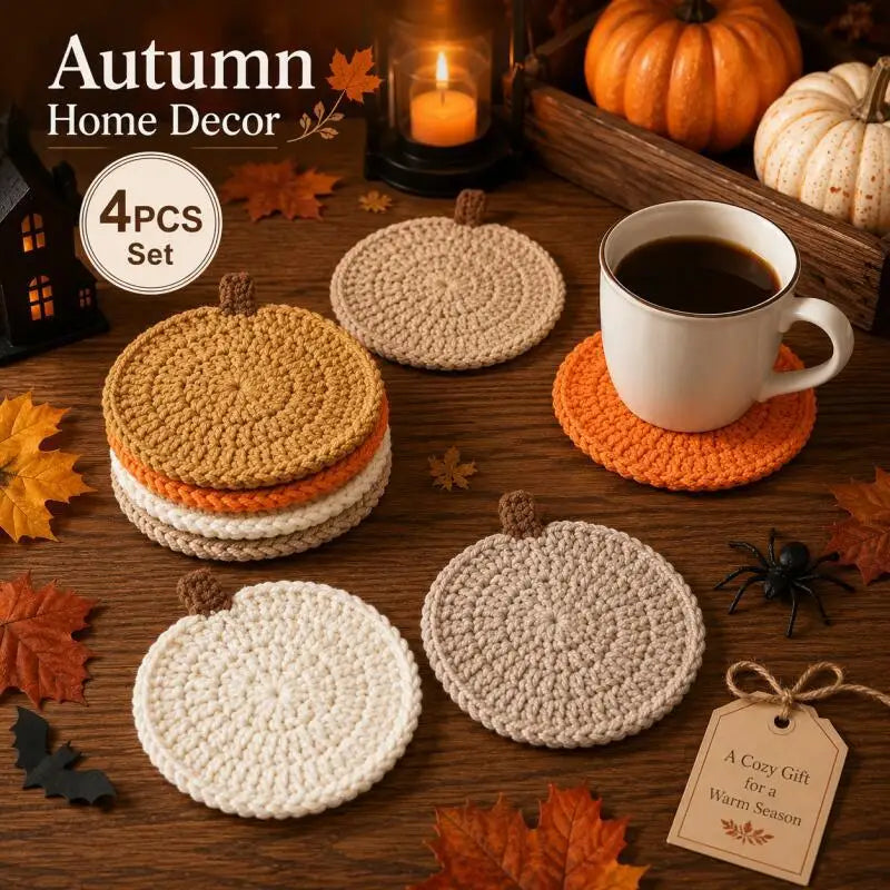 Crochet Pumpkin Coasters – 4Pcs Halloween Fall Table Decor Knit Cup Mats