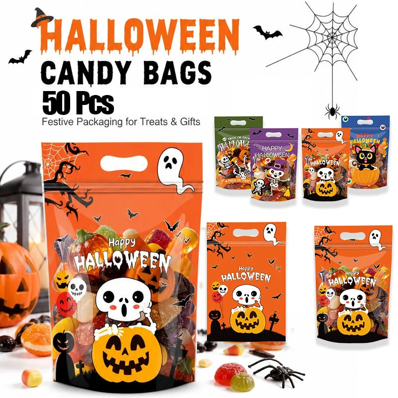 Halloween Self-Adhesive Candy & Treat Bags – 50Pcs Ziplock Party Favour