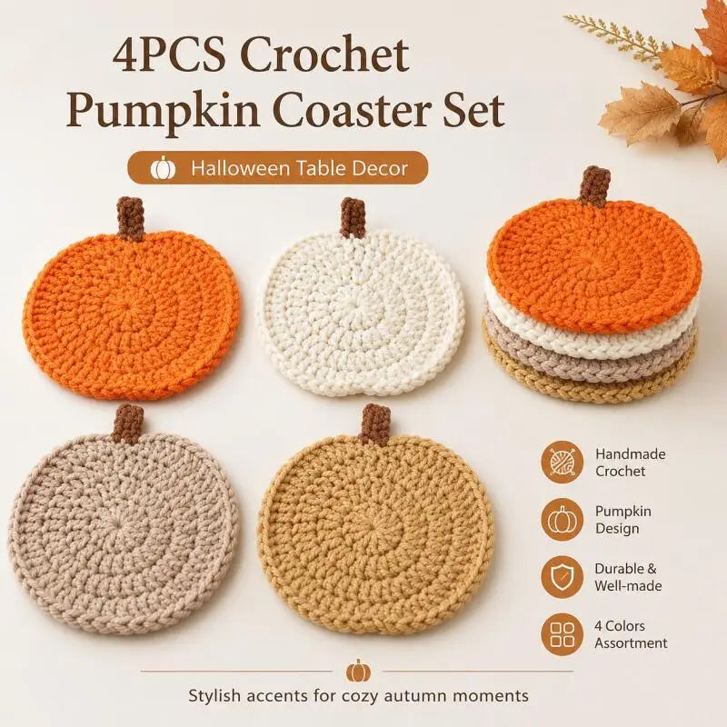 Crochet Pumpkin Coasters – 4Pcs Halloween Fall Table Decor Knit Cup Mats