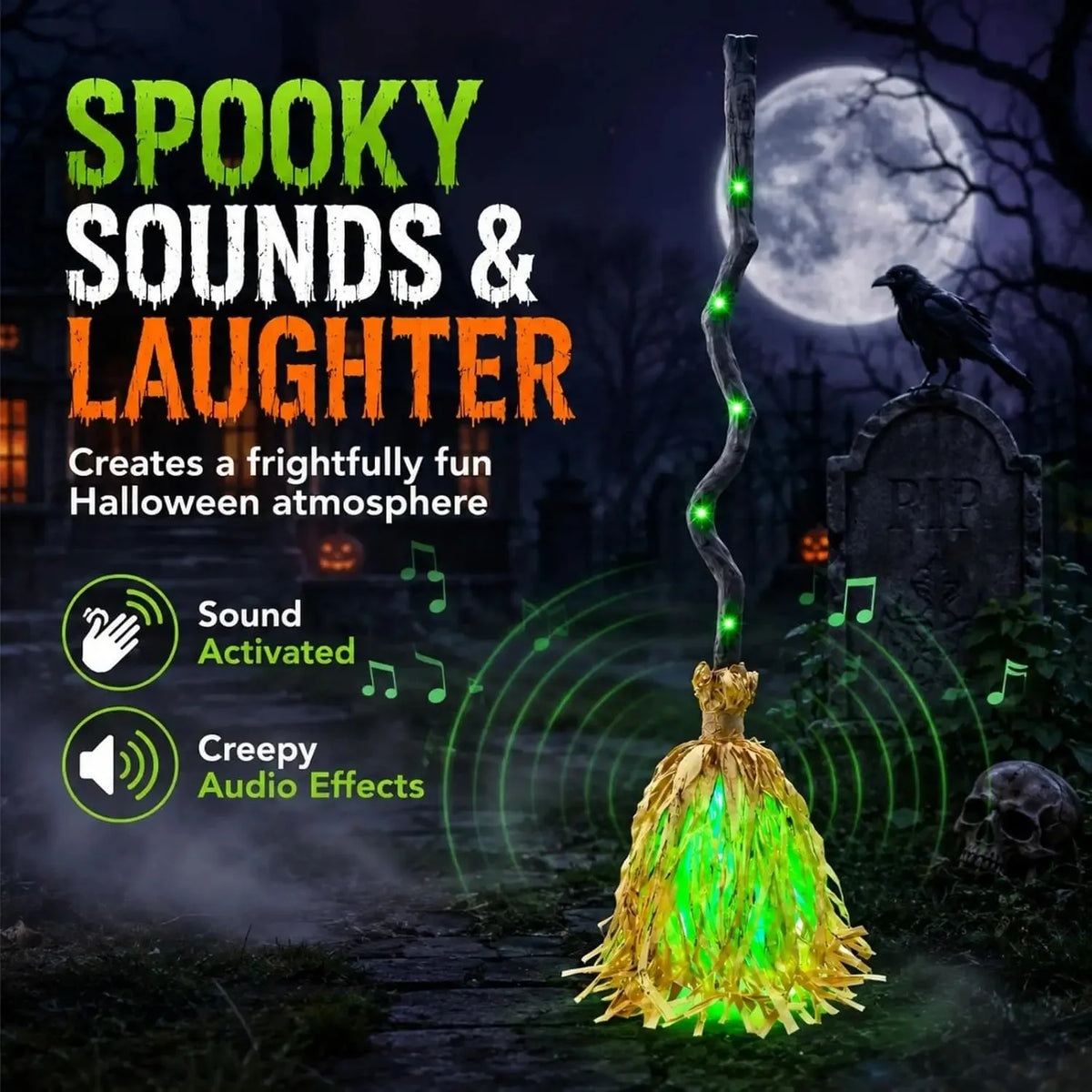 Halloween Witch Broom Light – Sound-Activated LED Broom with Spooky Sounds