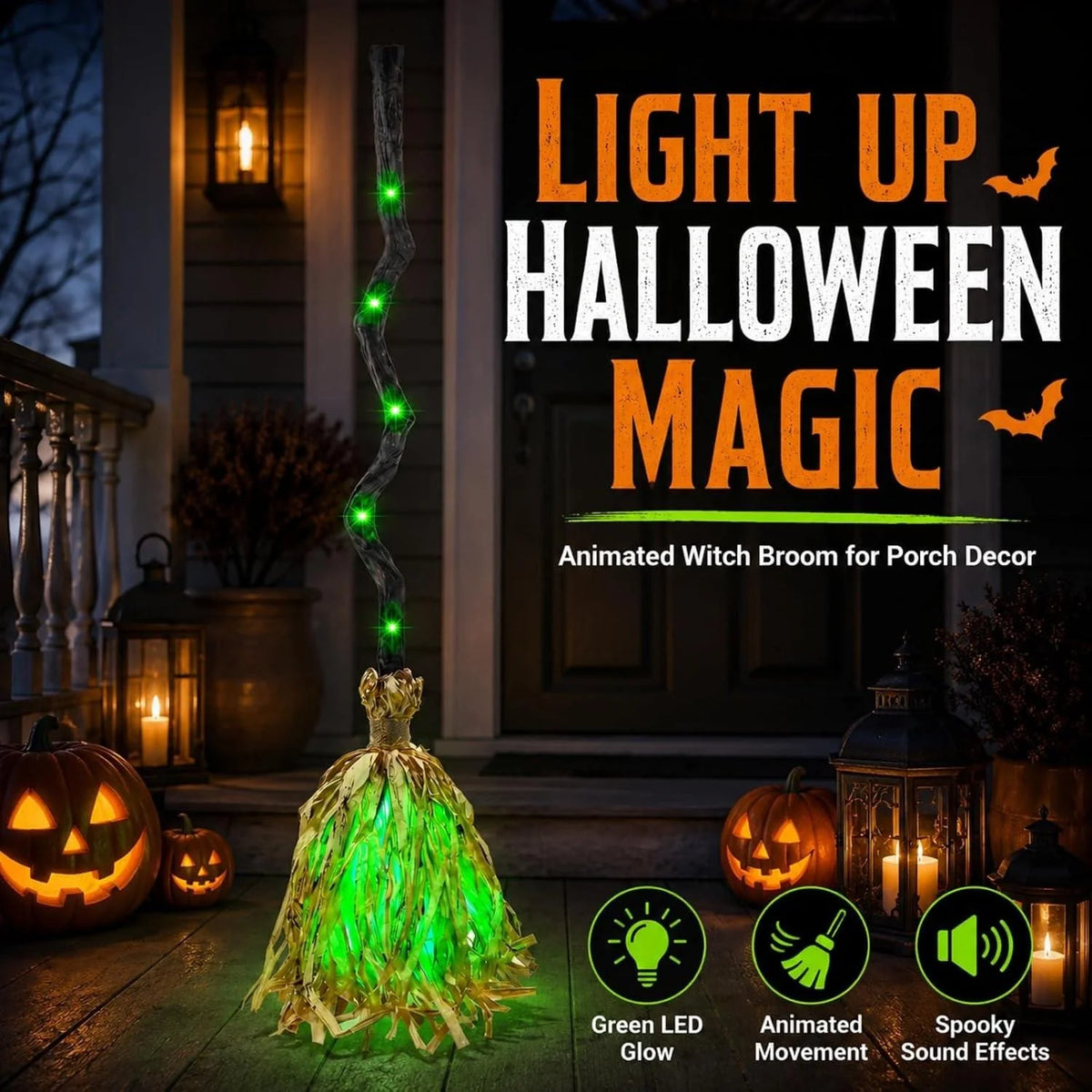 Halloween Witch Broom Light – Sound-Activated LED Broom with Spooky Sounds