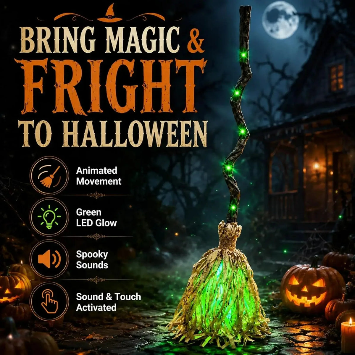 Halloween Witch Broom Light – Sound-Activated LED Broom with Spooky Sounds