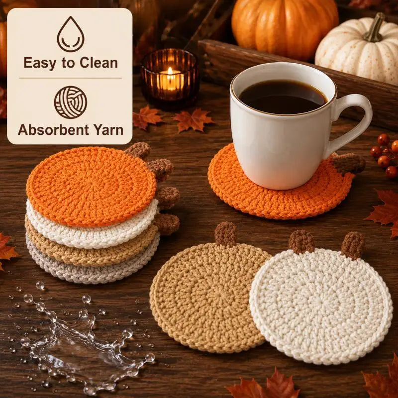 Crochet Pumpkin Coasters – 4Pcs Halloween Fall Table Decor Knit Cup Mats