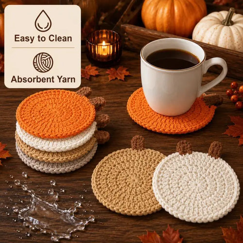 Crochet Pumpkin Coasters – 4Pcs Halloween Fall Table Decor Knit Cup Mats